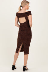 Brown Off Shoulder Ruched Mesh Midi Dress