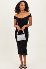 Black Off Shoulder Ruched Mesh Midi Dress