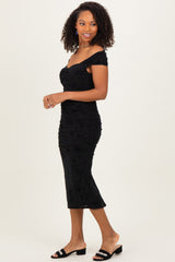 Black Off Shoulder Ruched Mesh Midi Dress