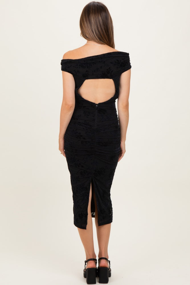 Black Off Shoulder Ruched Mesh Maternity Midi Dress