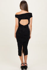 Black Off Shoulder Ruched Mesh Maternity Midi Dress