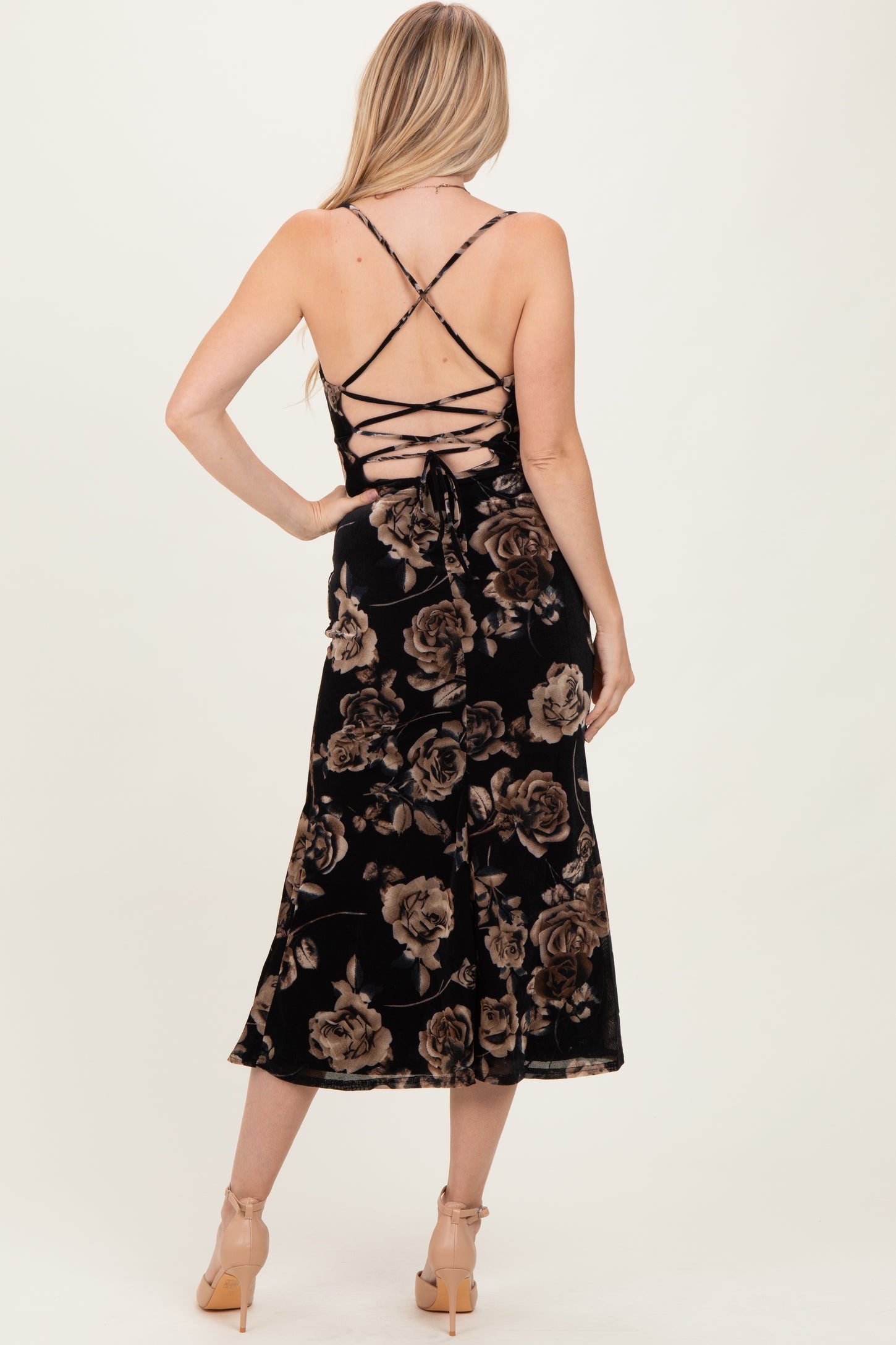 Black Cowl Neck Lace Up Back Midi Dress