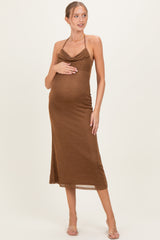 Brown Halter Cowl Neck Maternity Midi Dress