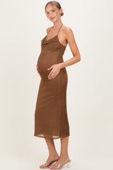 Brown Halter Cowl Neck Maternity Midi Dress
