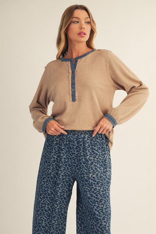 Mocha Rib Knit Casual Henley Top