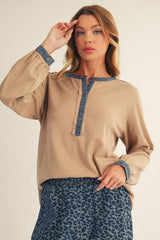 Mocha Rib Knit Casual Henley Top