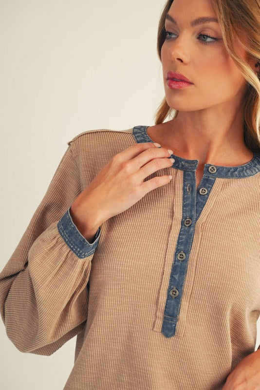 Mocha Rib Knit Casual Henley Top