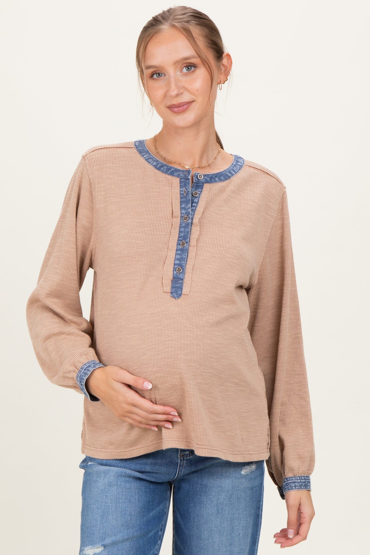 Mocha Rib Knit Casual Maternity Henley Top
