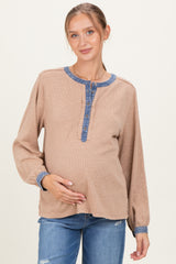 Mocha Rib Knit Casual Maternity Henley Top