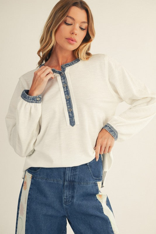 White Rib Knit Casual Henley Top