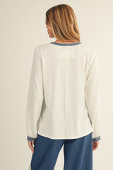 White Rib Knit Casual Henley Top