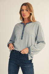 Light Blue Rib Knit Casual Henley Top