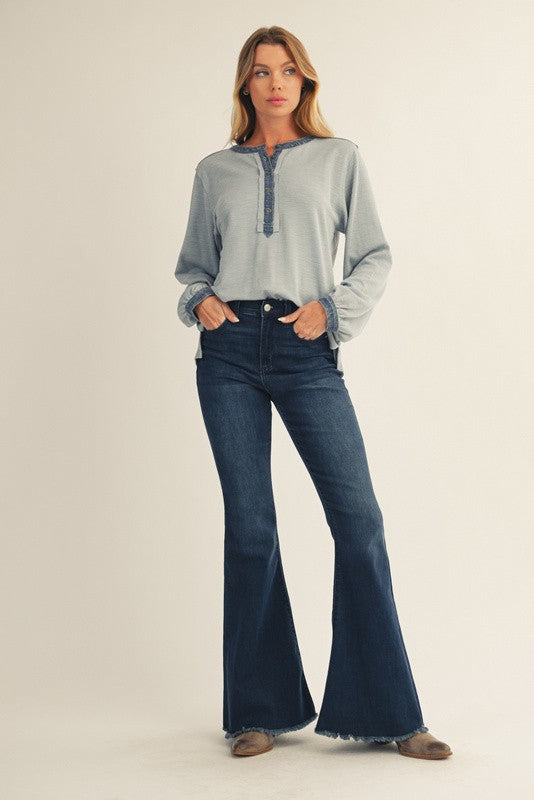 Light Blue Rib Knit Casual Henley Top