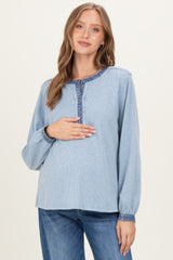Light Blue Rib Knit Casual Maternity Henley Top