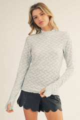 Light Blue Thumbhole Sleeves Mock Neck Lace Maternity Top