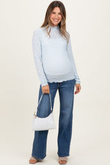 Light Blue Thumbhole Sleeves Mock Neck Lace Maternity Top