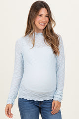 Light Blue Thumbhole Sleeves Mock Neck Lace Maternity Top
