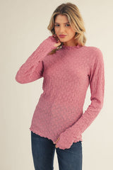 Mauve Thumbhole Sleeves Mock Neck Lace Top