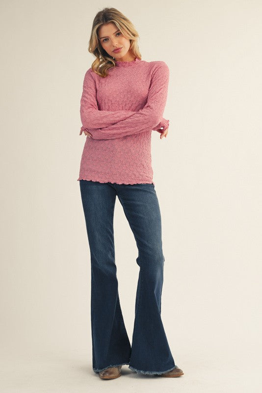 Mauve Thumbhole Sleeves Mock Neck Lace Top