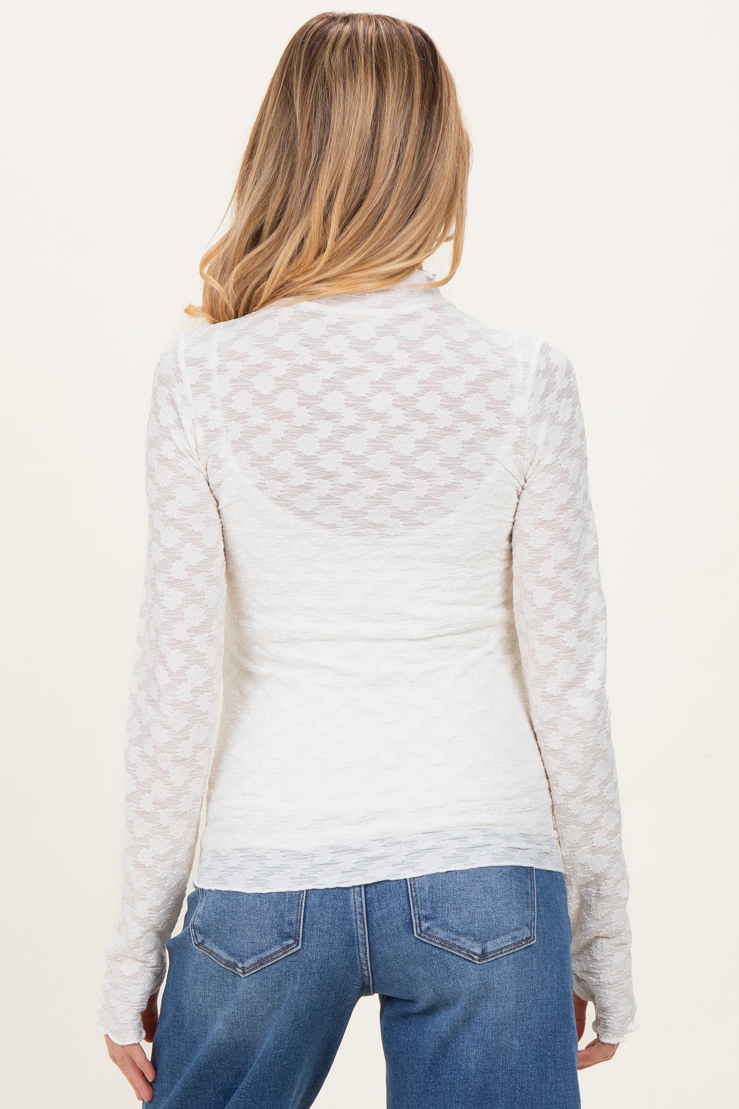 Ivory Thumbhole Sleeves Mock Neck Lace Maternity Top