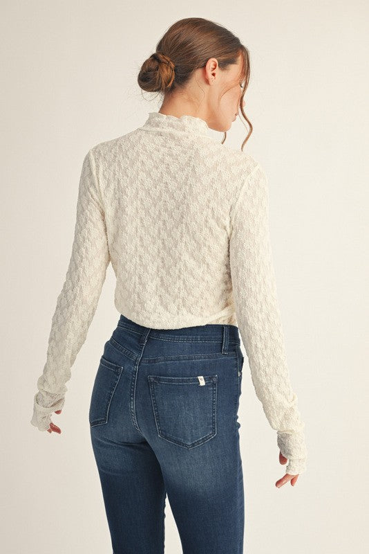 Ivory Thumbhole Sleeves Mock Neck Lace Top