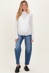 Ivory Thumbhole Sleeves Mock Neck Lace Maternity Top
