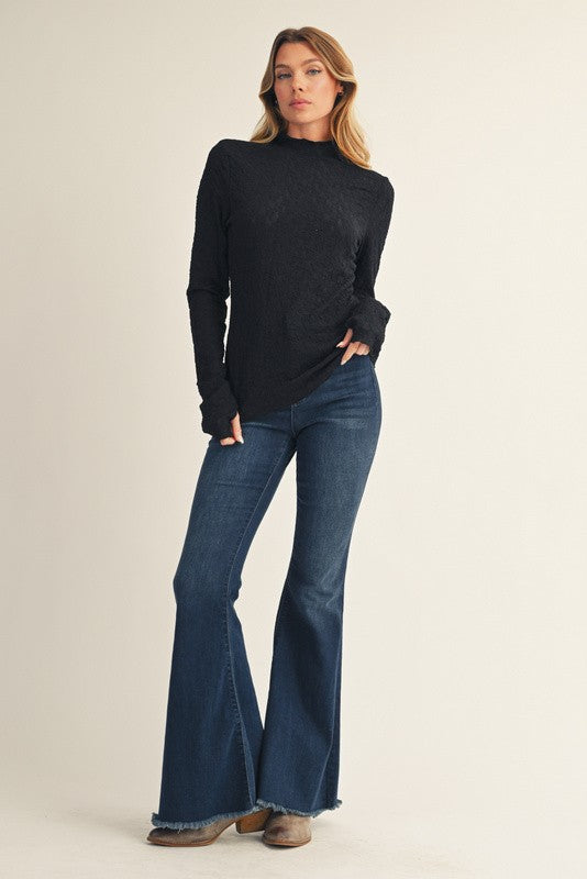 Black Thumbhole Sleeves Mock Neck Lace Top