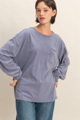 Navy Oversized Washed Long Sleeve Pocket Maternity Top