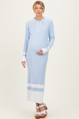 Light Blue Ribbed Knit Colorblock Polo Maternity Maxi Dress