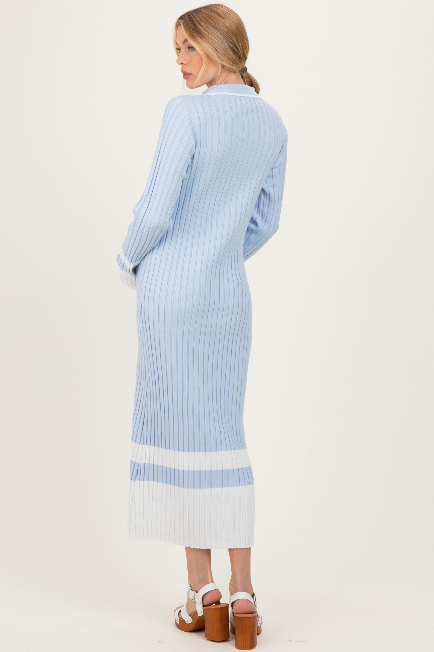 Light Blue Ribbed Knit Colorblock Polo Maternity Maxi Dress