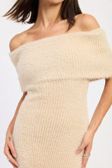 Cream Fuzzy Knit Off Shoulder Midi Dress