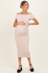 Cream Fuzzy Knit Off Shoulder Maternity Midi Dress