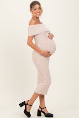 Cream Fuzzy Knit Off Shoulder Maternity Midi Dress