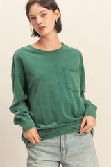 Green Oversized Washed Long Sleeve Pocket Top