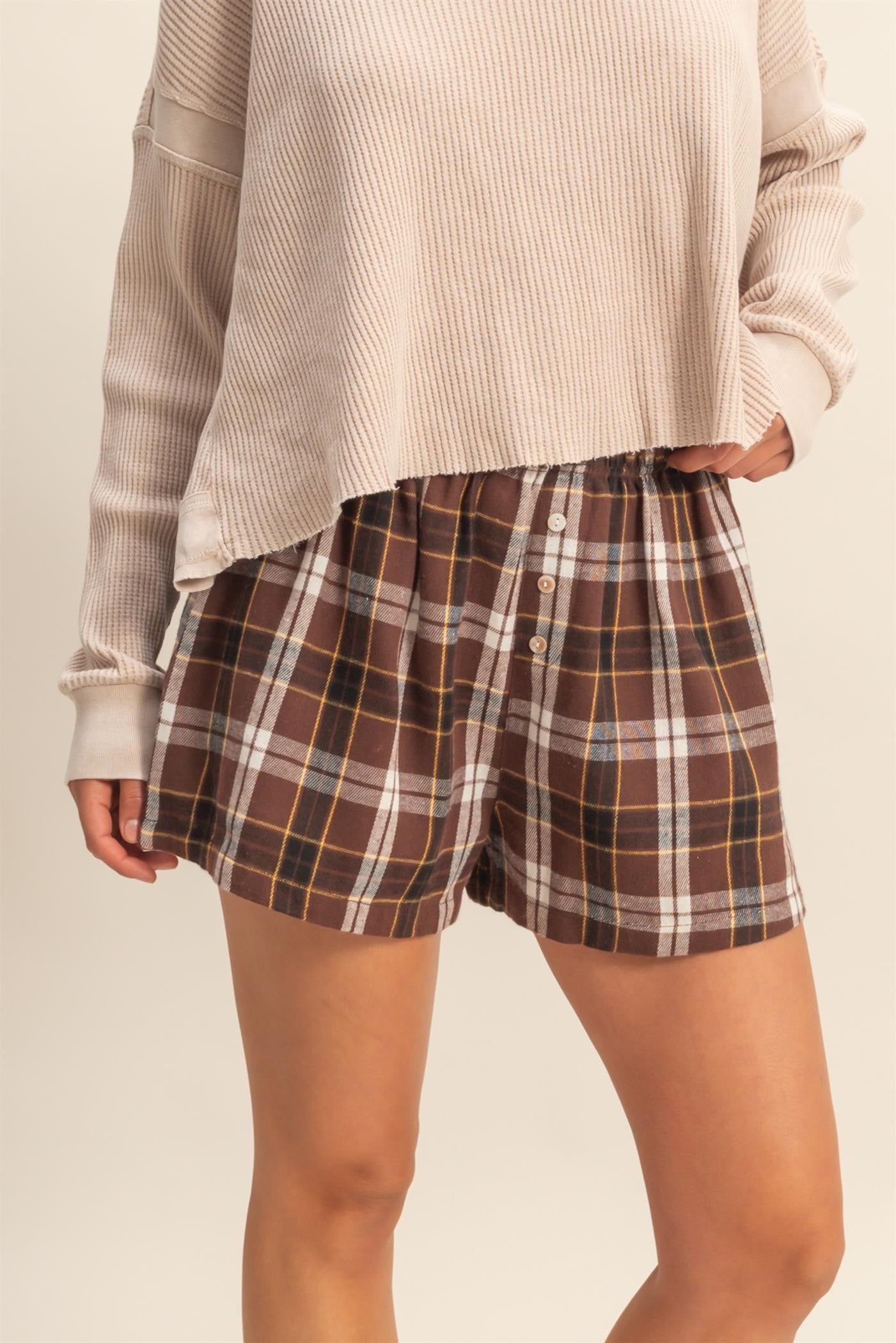 Brown Button-Front Plaid Boxer Shorts