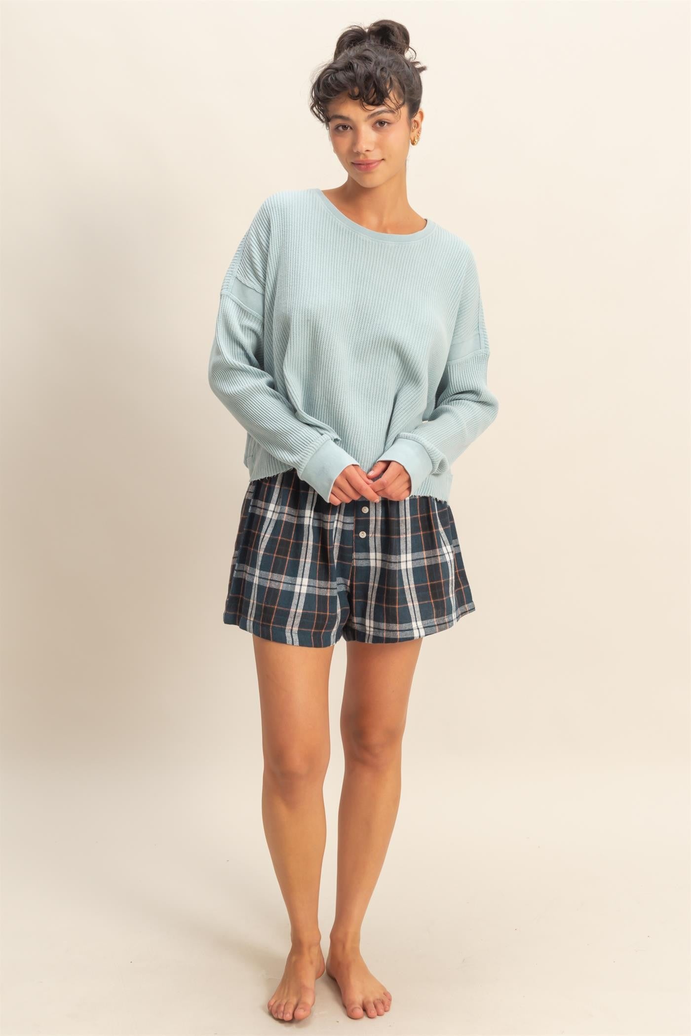 Navy Button-Front Plaid Maternity Boxer Shorts