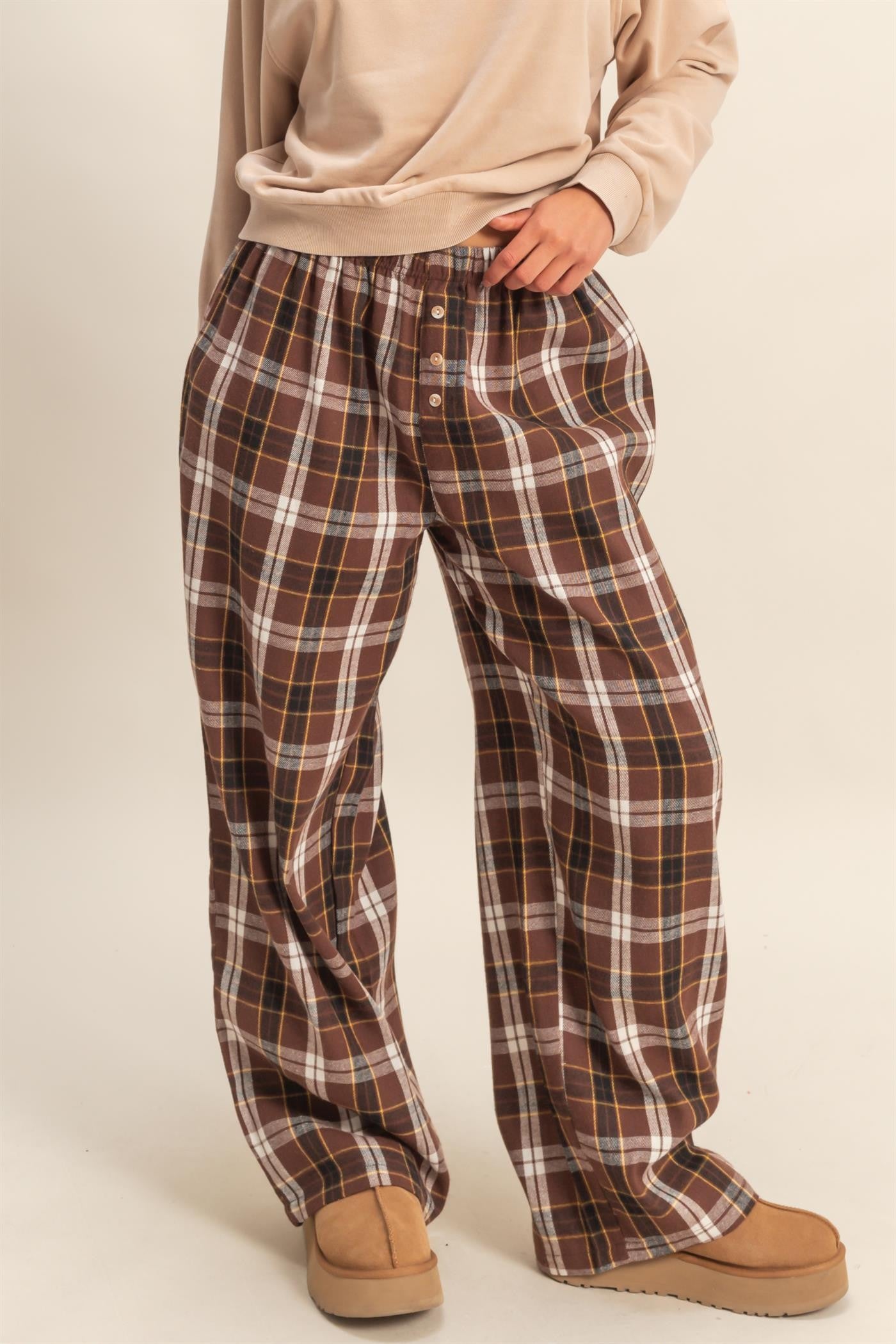 Brown Plaid Wide Leg Lounge Pants