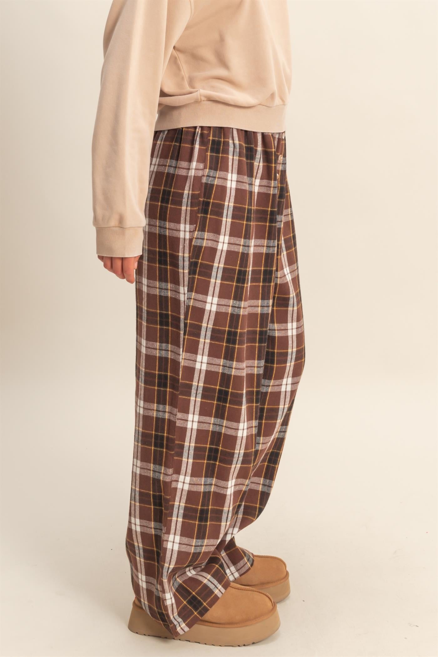 Brown Plaid Wide Leg Lounge Pants