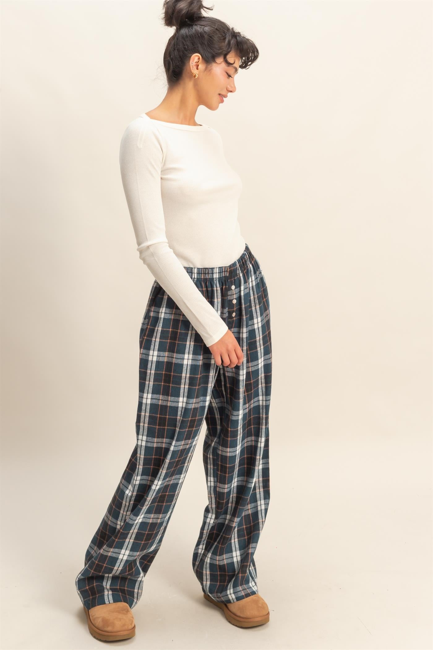 Navy Plaid Wide Leg Lounge Pants
