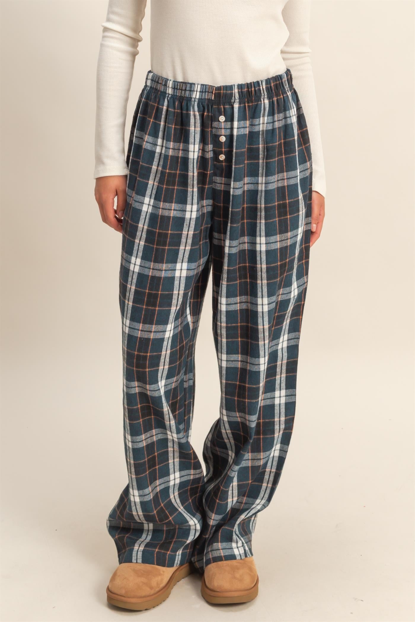 Navy Plaid Wide Leg Lounge Pants