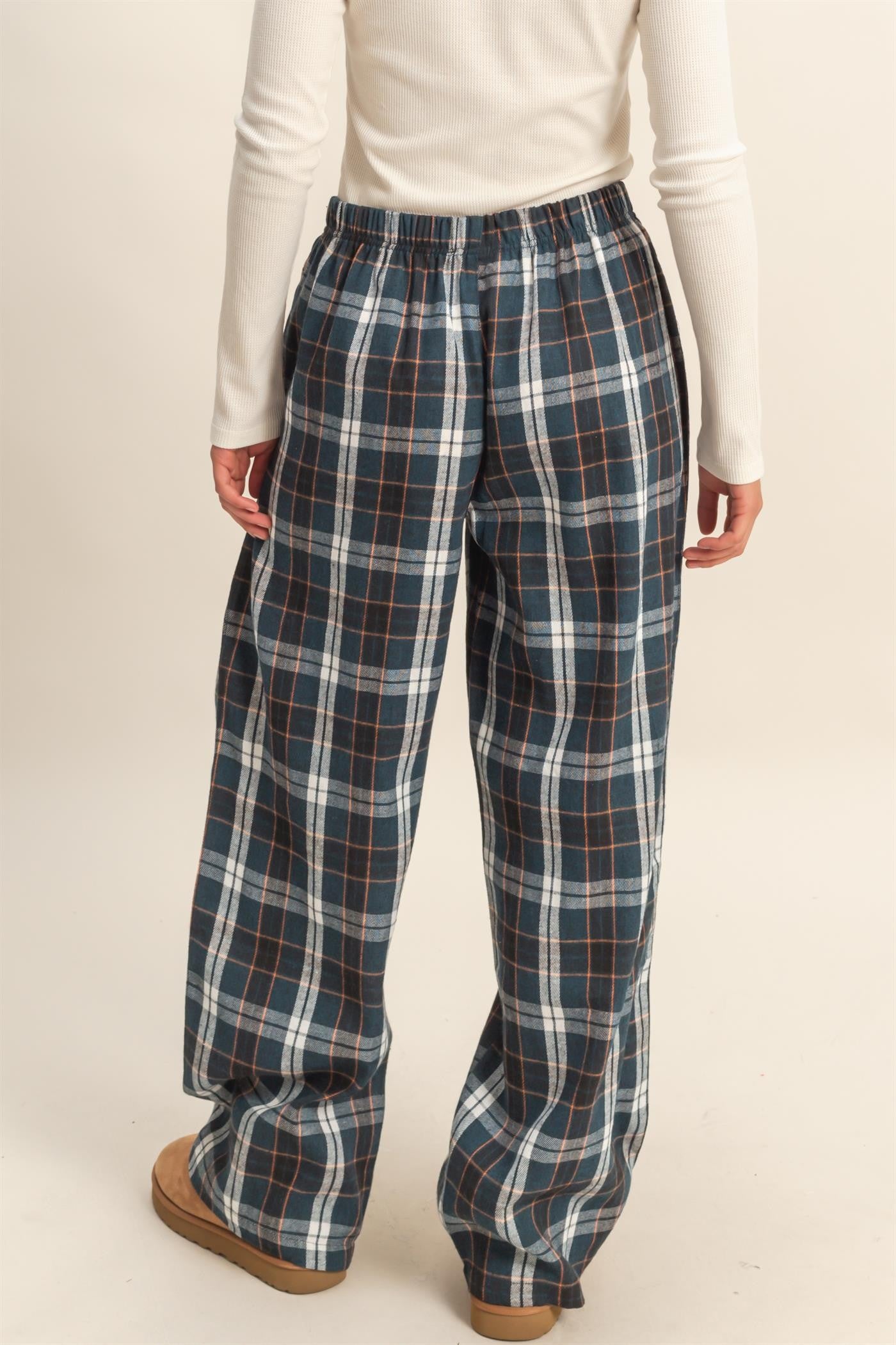 Navy Plaid Wide Leg Lounge Pants