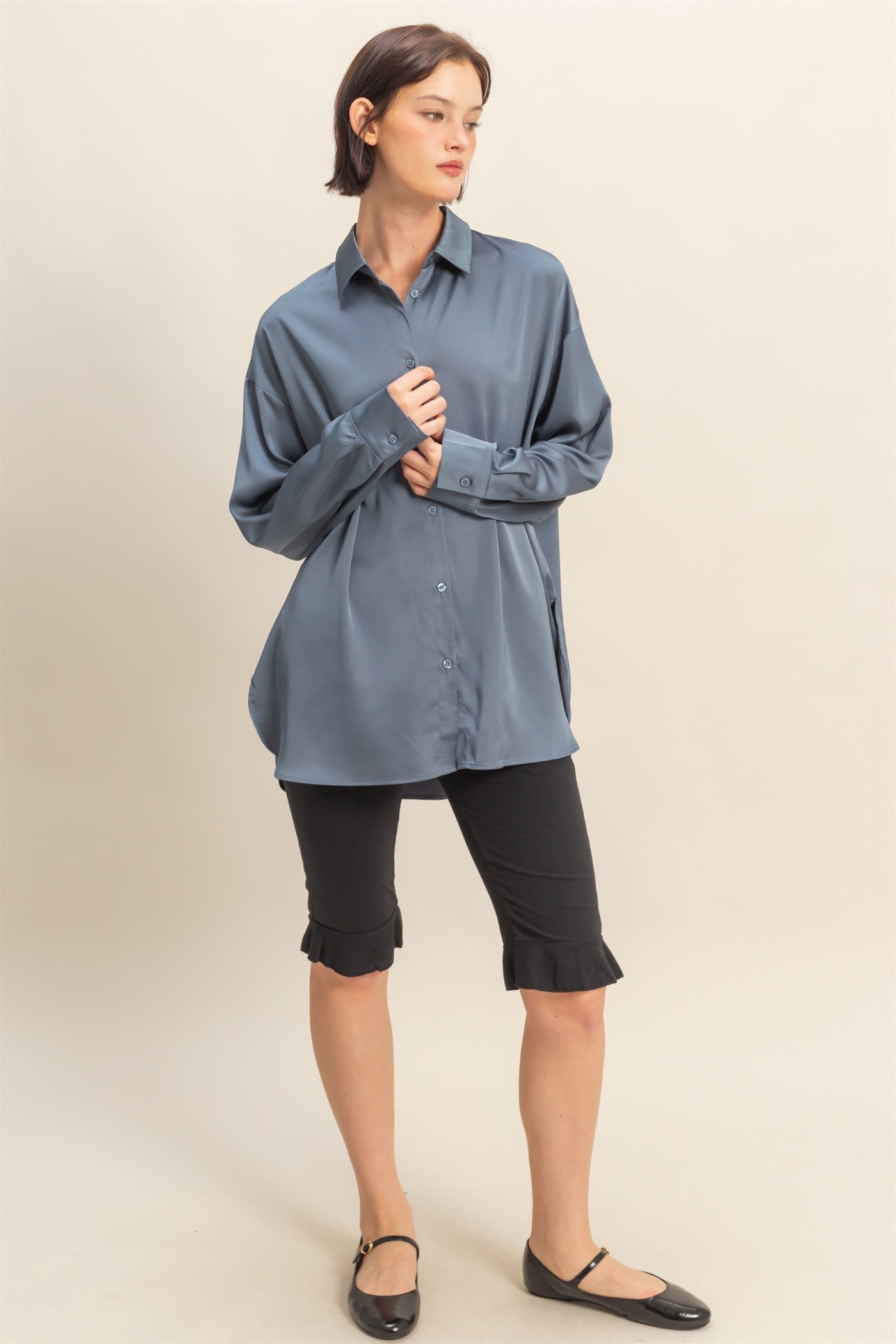 Navy Long Sleeve Oversized Satin Maternity Shirt