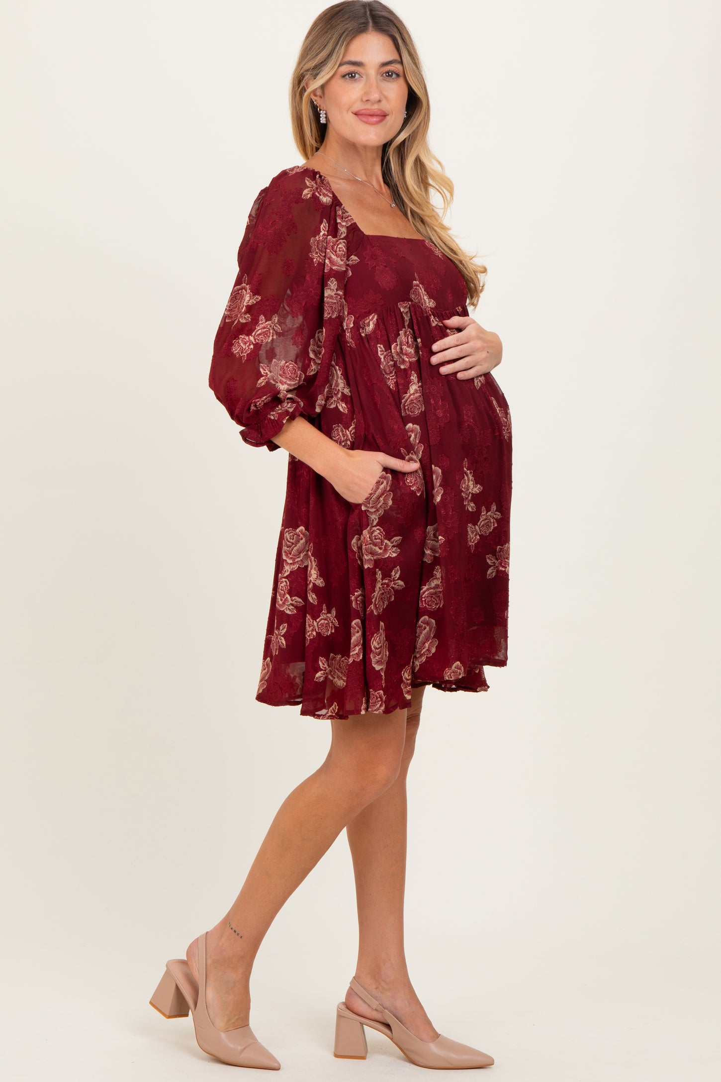 Burgundy Floral Jacquard 3/4 Sleeve Maternity Dress