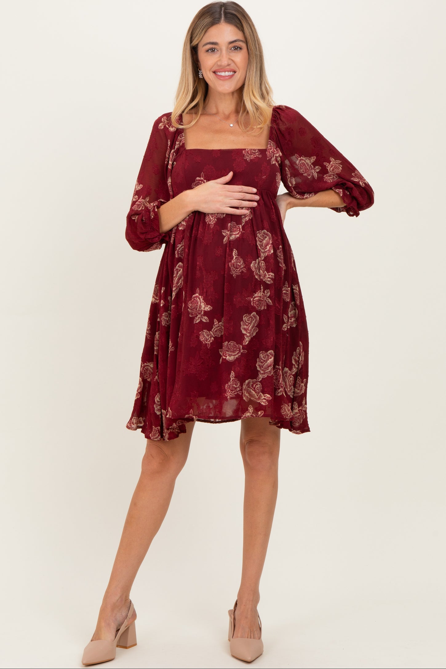 Burgundy Floral Jacquard 3/4 Sleeve Maternity Dress