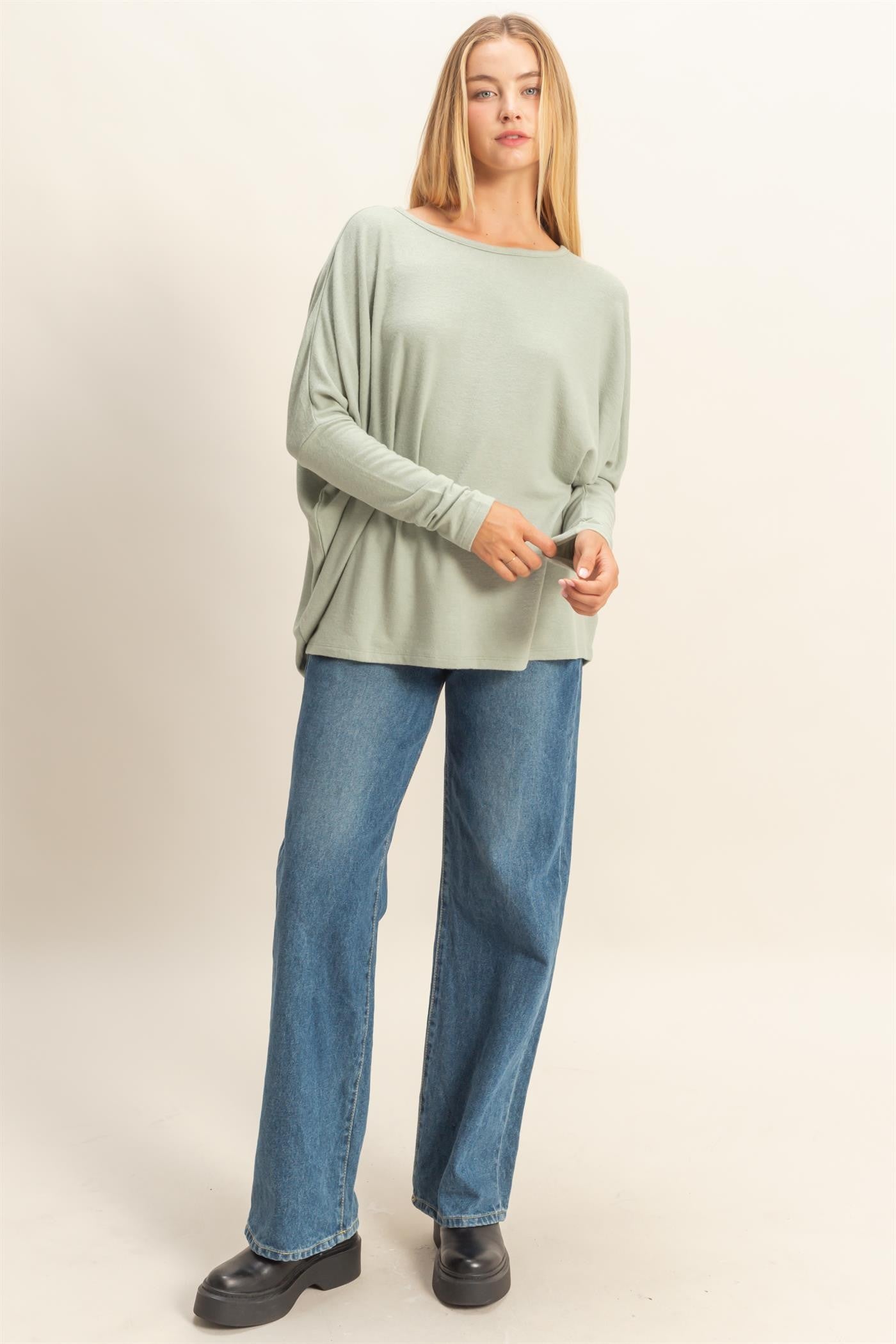 Sage Green Relaxed Fit Dolman Long Sleeve Top
