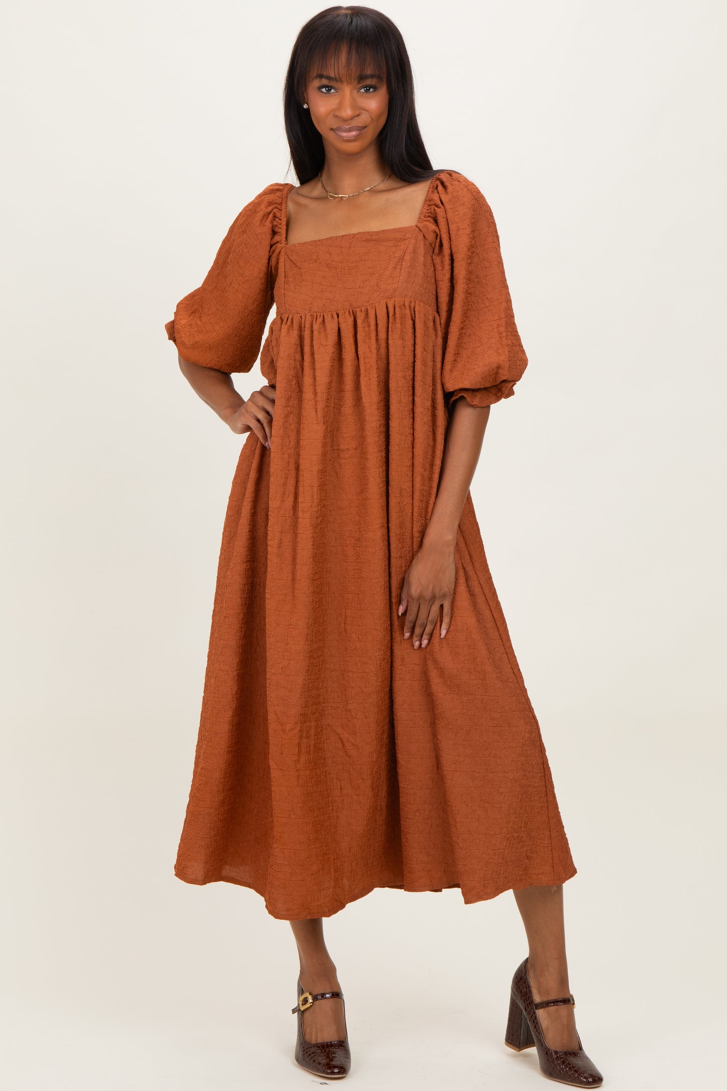 Rust Textured 3/4 Puff Sleeve Maxi Dress