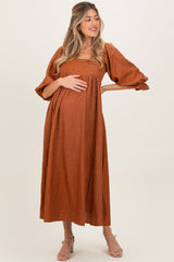 Rust Textured 3/4 Puff Sleeve Maternity Maxi Dress