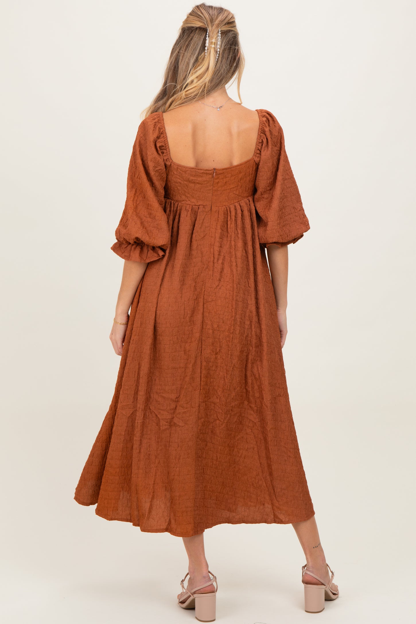 Rust Textured 3/4 Puff Sleeve Maternity Maxi Dress