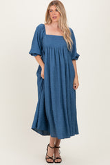 Blue Textured 3/4 Puff Sleeve Maxi Dress