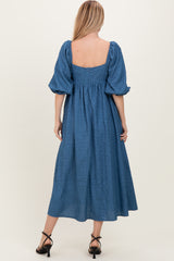 Blue Textured 3/4 Puff Sleeve Maxi Dress